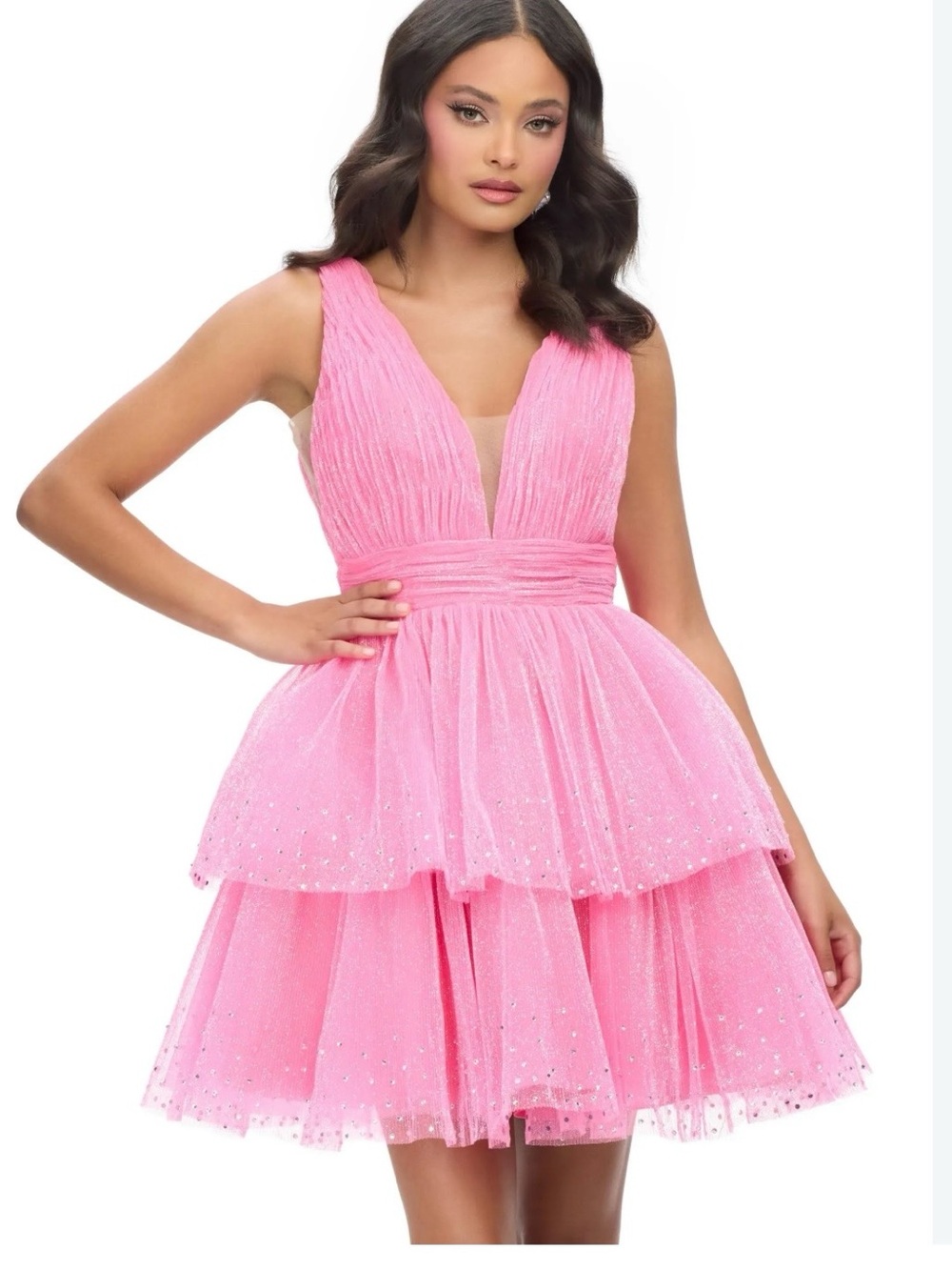 Ashley Lauren Pink Sparkle Tulle V-Neck Party Dress